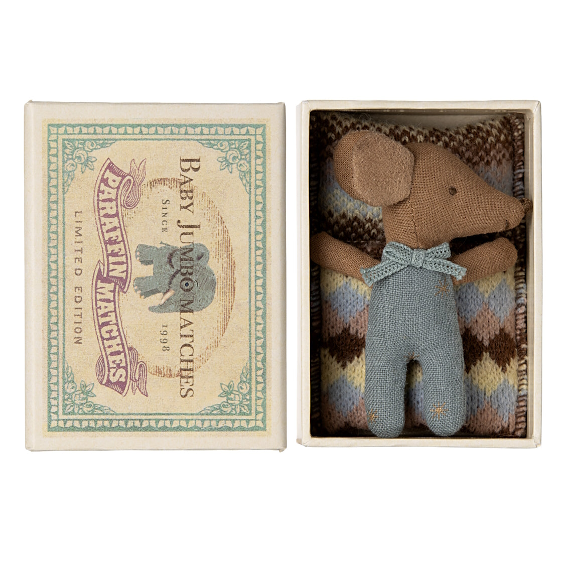 Maileg Sleepy Wakey Baby Mouse in Box Blue