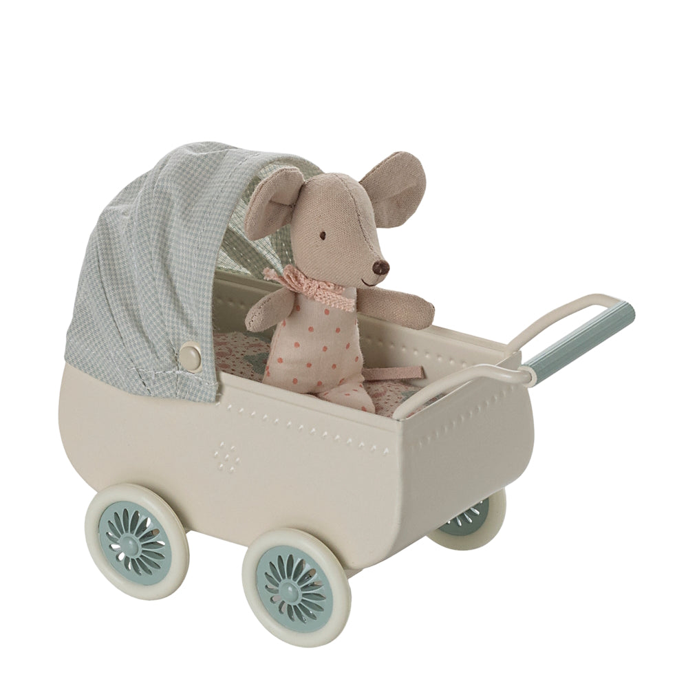 Maileg Pram with Baby Mouse Mint