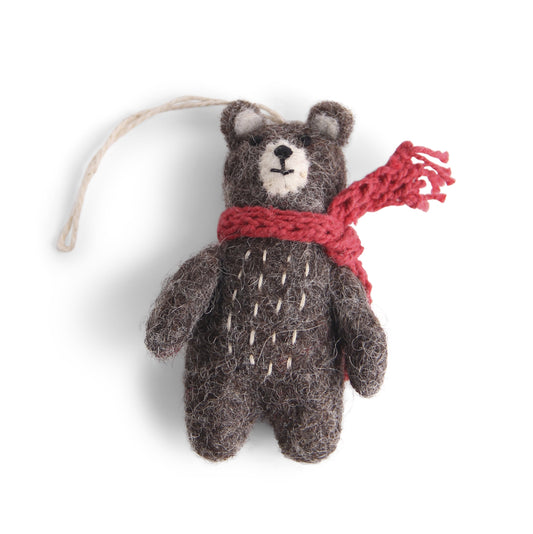 Gry & Sif Bear Grey Felt Decoration with red scarf